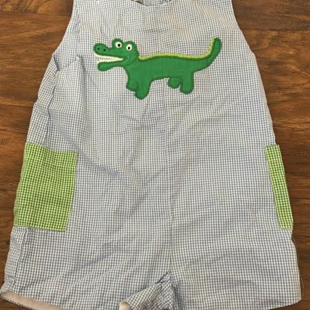 Petit Ami Blue Gingham One-Piece with Green Alligator Applique